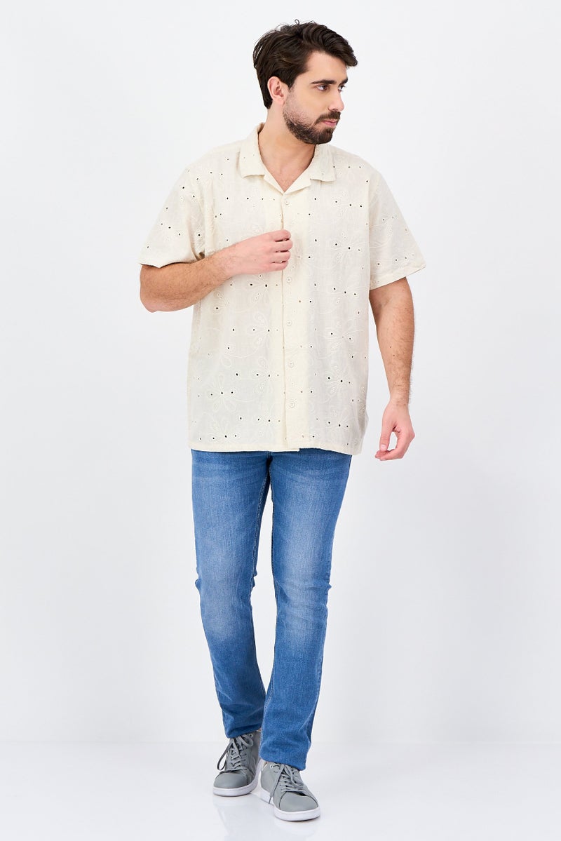 Threadbare Men Regular Fit Short Sleeve Eyelet Casual Shirt, Beige - Image 2