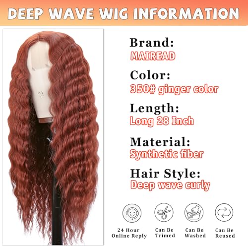 Mairead 28 Inch Long Curly Synthetic Lace Front Wigs for Women Middle Part Red Ginger Deep Wave Wig 4" Simulated Scalp Crimps Curls Hair Replacement Wigs for Daily Party Use 350# - Image 2