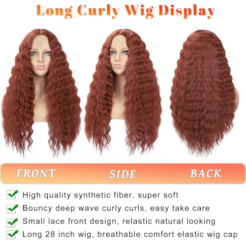 Mairead 28 Inch Long Curly Synthetic Lace Front Wigs for Women Middle Part Red Ginger Deep Wave Wig 4" Simulated Scalp Crimps Curls Hair Replacement Wigs for Daily Party Use 350# - Image 5