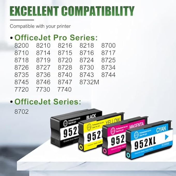 952XL HIGH YIELD INK CARTRIDGES COMBO PACK REPLACEMENT FOR HP 952XL 952 INK CARTRIDGE WORK WITH OFFICEJET PRO 8710 7740 8720 8715 8210 8703 OFFICEJET 8702 PRINTERS (BLACK CYAN MAGENTA YELLOW 4-PACK) - Image 3
