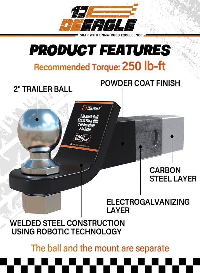 DEEAGLE 2 inch Ball Hitch with Pin, Solid Steel Receiver Hitches, Trailer Ball Hitch Fits 2 inch Receiver, 6000lbs, 2 in Drop - Image 4
