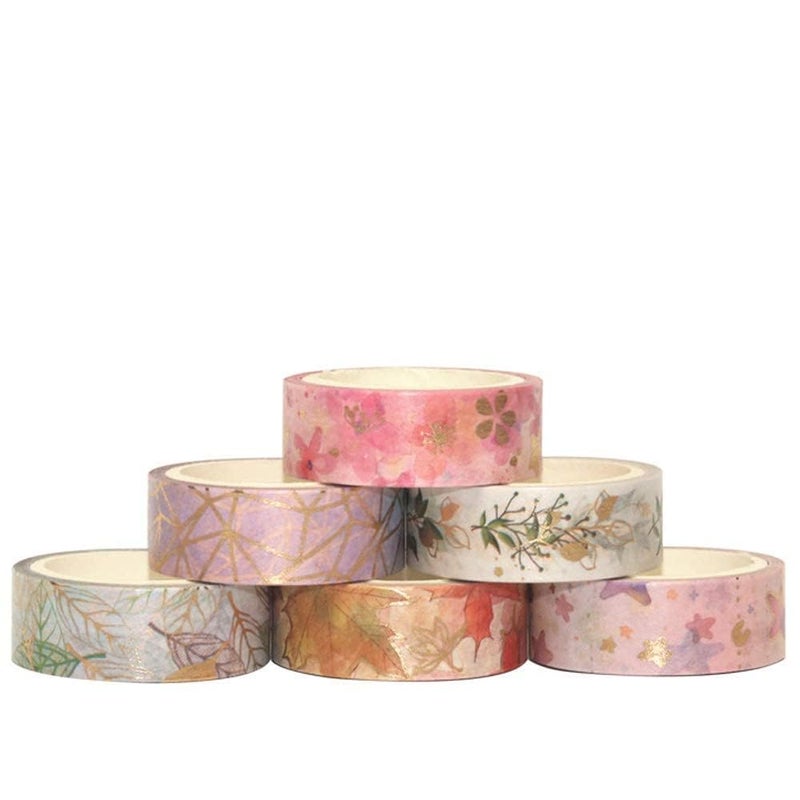 JAGDIV 6 Rolls Gold Floral Paper Washi Tape Set DIY Crafts Bullet Journal Supplies Planners Scrapbook Card or Gift Wrapping Scrapbooking Art Craft Sticky Paper - Image 3