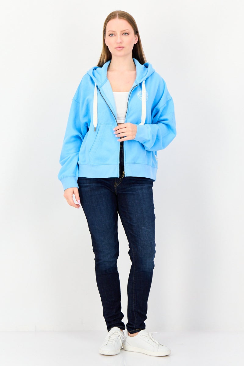 American Eagle Women Brand Logo Long Sleeve Full Zip Hoodies, Blue - Image 4
