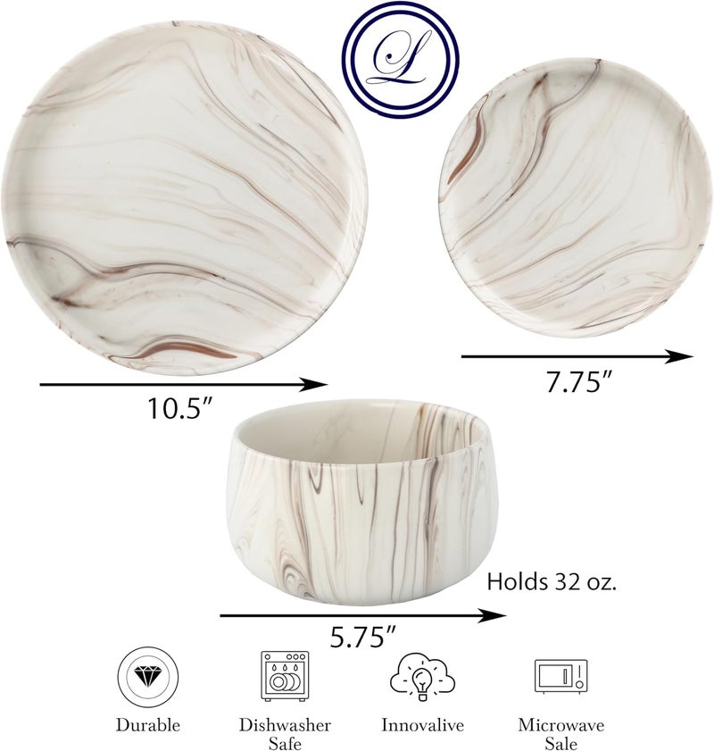 Lorren Home Trends Shiny Marble Pattern Dinnerware Set 12 Piece Service for 4 Microwave and Dishwasher Safe - Image 2