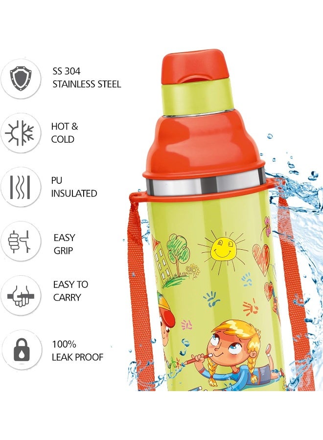 Milton زجاجة ماء للأطفال مصنوعة من الفولاذ المقاوم للصدأ مع عزل - مانعة للتسرب، خالية من BPA مع حزام - عزل PU، سهلة الإمساك، 400/404 مل (إبداع الرسم)، وردي - Image 2