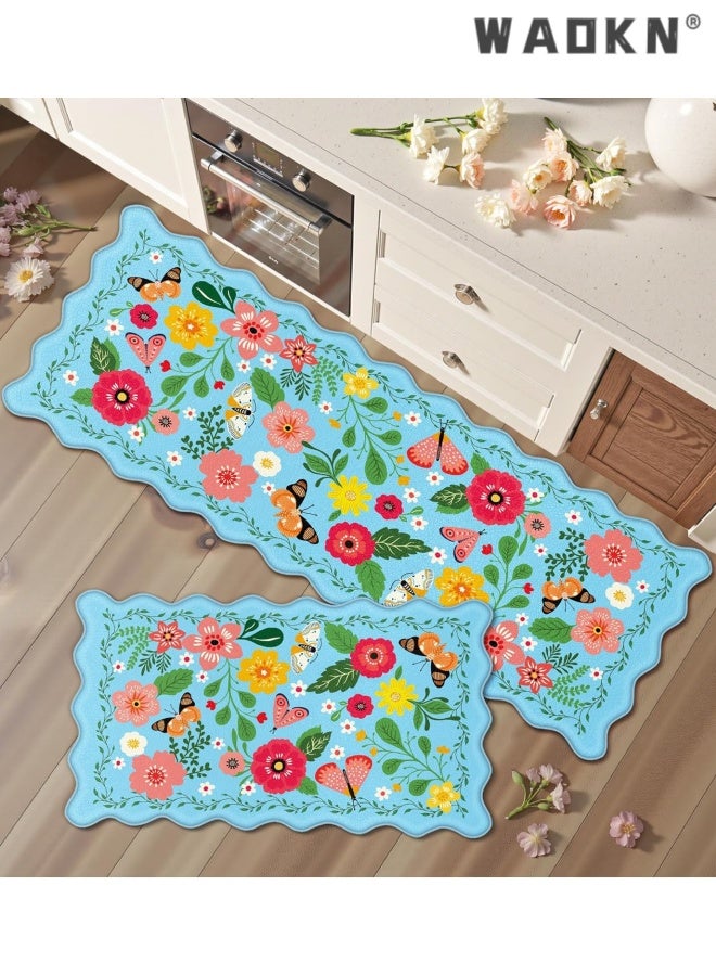 دبليو أيه أو كي أن سجادة مطبخ زرقاء مقطوعة للطابق 2pcs معتدلة مكافحة التعب سجادة مطبخ مقاومة للماء غير الانزلاق بوهو الزهور الراحة رغوة الوقوف حصيرة لغسيل الغسيل، المطبخ وغرفة السرير، 40 * 60 + 40 * 120 سم، الأزرق. - Image 5