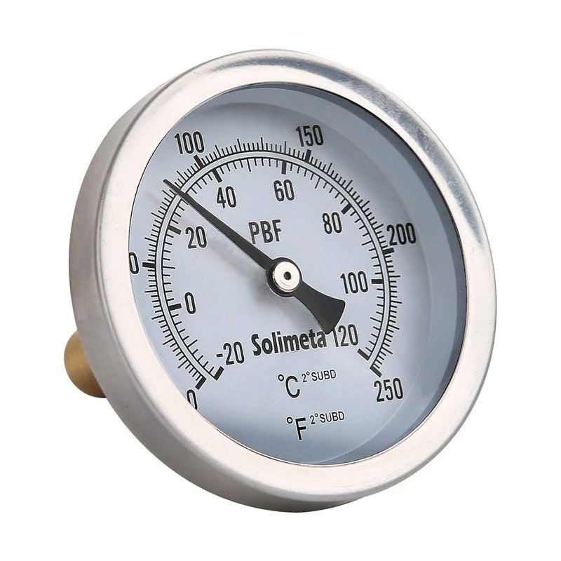 Solimeta 2.5" Bimetal Dial Thermometer, 0-250 deg F/-20-120 deg C, Lead-Free Brass Stem with Pocket - Image 1