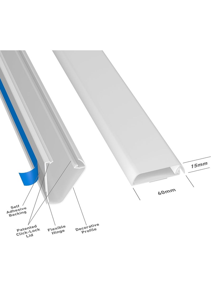 قناة كابلات، غطاء سلك للجدار، ترتيب كابلات التلفاز، قابل للدهان، ذاتية اللصق، تصميم مفصلي قطعة واحدة - أبيض، 2 × 60 مم (عرض) × 15 مم (ارتفاع) × 40 سم طول (80 سم إجمالي) - Image 2