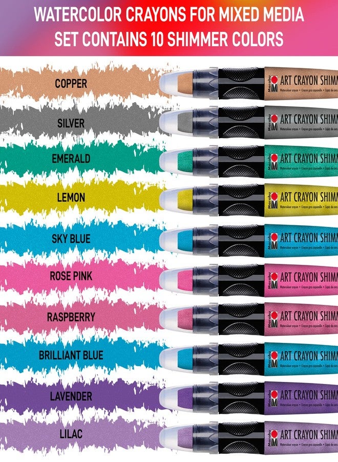 Marabu Art Crayons Shimmer Set - 10 Highly Pigmented Metallic Watercolor Crayons - Smooth and Easy Blending Water Soluble Crayons for Mixed Media Artists - Arts and Crafts for Adults - Image 2