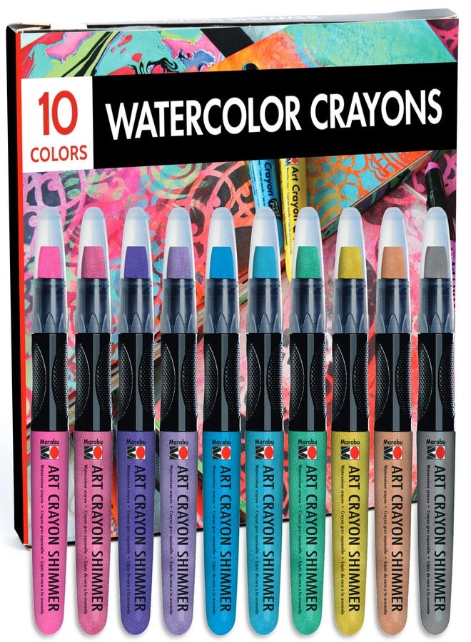 Marabu Art Crayons Shimmer Set - 10 Highly Pigmented Metallic Watercolor Crayons - Smooth and Easy Blending Water Soluble Crayons for Mixed Media Artists - Arts and Crafts for Adults - Image 1