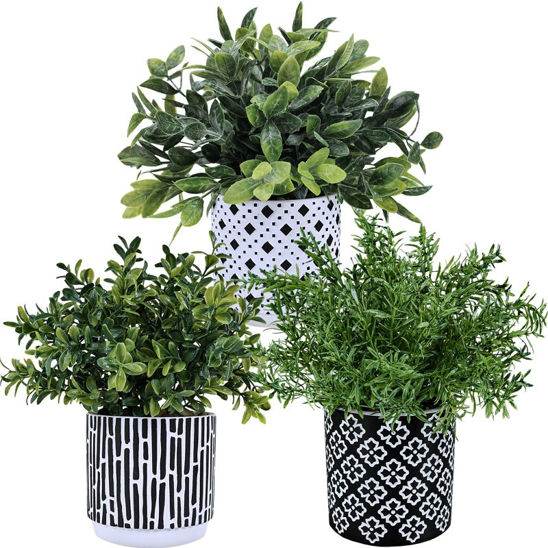 Winlyn 3-Pack Artificial Potted Plants - Faux Eucalyptus, Rosemary, Boxwood Greenery in Small Black & White Geometric Concrete Pots -Desk, Table, Shelf, Windowsill Decor for Indoor Outdoor Home Office - Image 3