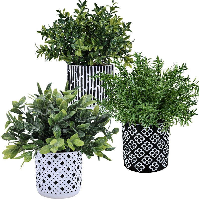 Winlyn 3-Pack Artificial Potted Plants - Faux Eucalyptus, Rosemary, Boxwood Greenery in Small Black & White Geometric Concrete Pots -Desk, Table, Shelf, Windowsill Decor for Indoor Outdoor Home Office - Image 1