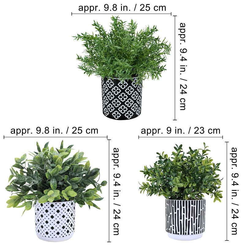 Winlyn 3-Pack Artificial Potted Plants - Faux Eucalyptus, Rosemary, Boxwood Greenery in Small Black & White Geometric Concrete Pots -Desk, Table, Shelf, Windowsill Decor for Indoor Outdoor Home Office - Image 4