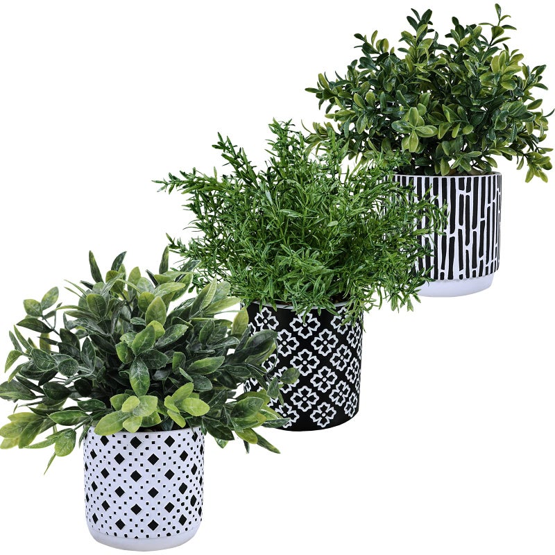 Winlyn 3-Pack Artificial Potted Plants - Faux Eucalyptus, Rosemary, Boxwood Greenery in Small Black & White Geometric Concrete Pots -Desk, Table, Shelf, Windowsill Decor for Indoor Outdoor Home Office - Image 2