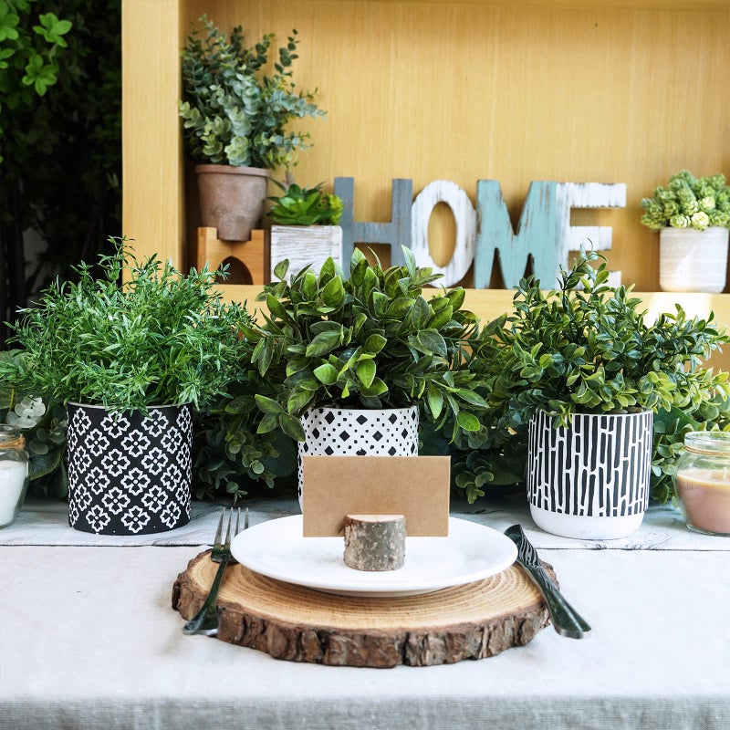 Winlyn 3-Pack Artificial Potted Plants - Faux Eucalyptus, Rosemary, Boxwood Greenery in Small Black & White Geometric Concrete Pots -Desk, Table, Shelf, Windowsill Decor for Indoor Outdoor Home Office - Image 5