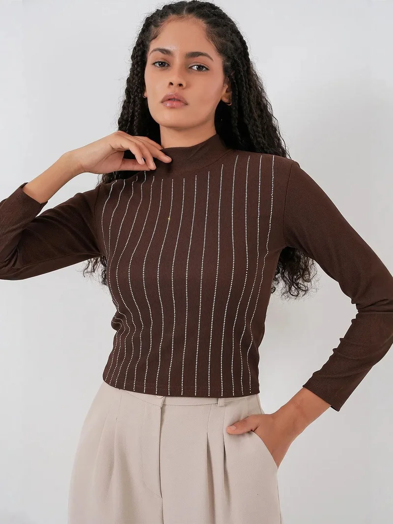 BIG DART BDART Striped Half Turtleneck Long Sleeve Top with Stone Detail