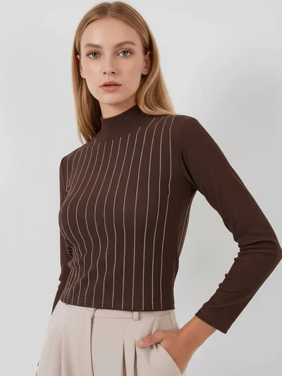 BIG DART BDART Striped Half Turtleneck Long Sleeve Top with Stone Detail