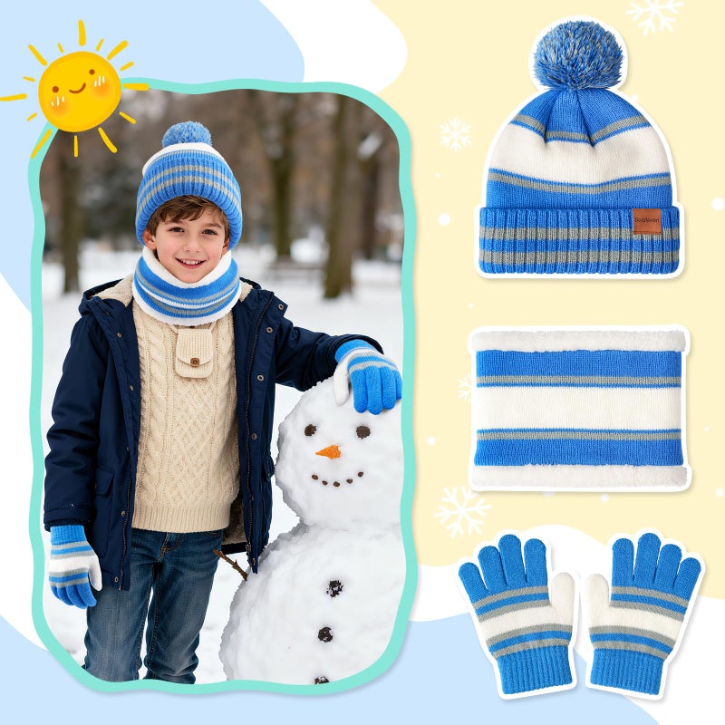 Bessteven Kids Winter Hat Scarf Gloves: Boys Beanie Hats Gloves Set for Ages 6-10 Warm Thick Fleece Lined Winter Set with Pom Pom Knit Cap Neck Warmer for Boys Skiing Snowboarding - Blue - Image 2