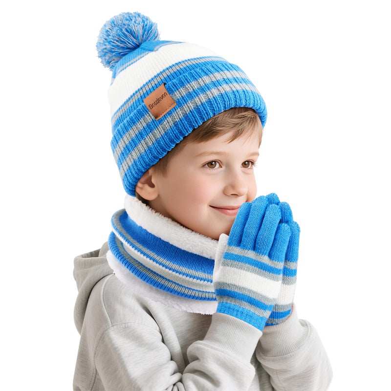 Bessteven Kids Winter Hat Scarf Gloves: Boys Beanie Hats Gloves Set for Ages 6-10 Warm Thick Fleece Lined Winter Set with Pom Pom Knit Cap Neck Warmer for Boys Skiing Snowboarding - Blue - Image 1
