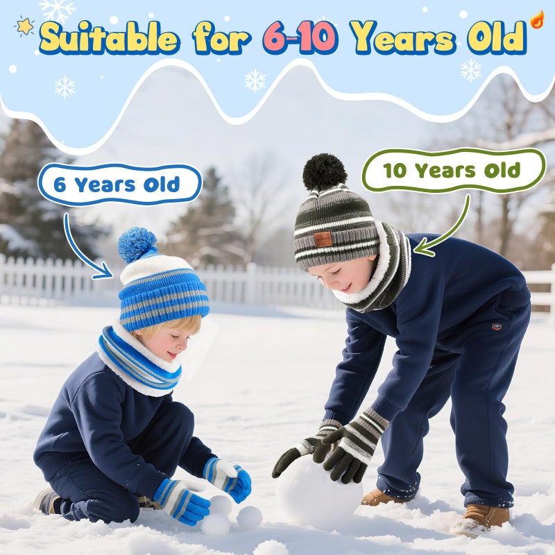 Bessteven Kids Winter Hat Scarf Gloves: Boys Beanie Hats Gloves Set for Ages 6-10 Warm Thick Fleece Lined Winter Set with Pom Pom Knit Cap Neck Warmer for Boys Skiing Snowboarding - Blue - Image 5