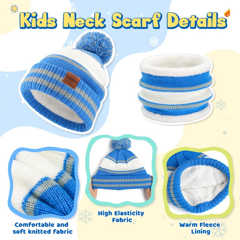 Bessteven Kids Winter Hat Scarf Gloves: Boys Beanie Hats Gloves Set for Ages 6-10 Warm Thick Fleece Lined Winter Set with Pom Pom Knit Cap Neck Warmer for Boys Skiing Snowboarding - Blue - Image 3