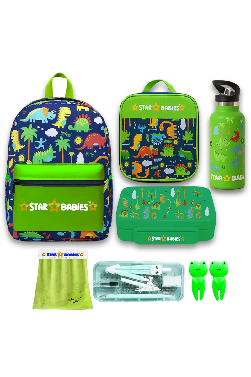 ستار بيبيز Star Babies Set of 4 – Jungle Green Theme 16" School Bag, 4-Compartment Lunch Box, Insulated Lunch Bag, 500ml Water Bottle