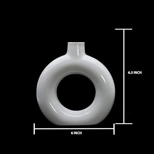 AABCO Modern White Ceramic Vase | Round Donut Shape Flower Pot for Home, Office & Table Decor | Minimalist Centerpiece Showpiece(6 INCH) - Image 3