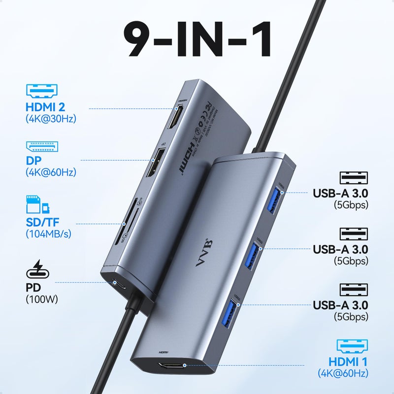VVB Docking Station VVB USB C Adapter,9 in 1 Triple Display USB C Hub Multiport Adapter Dongle with 2 HDMI 4K+DisplayPort+3 USB+100W PD+SD/TF Card Reader for Dell/HP/Lenovo Laptop Type C Laptops - Image 2