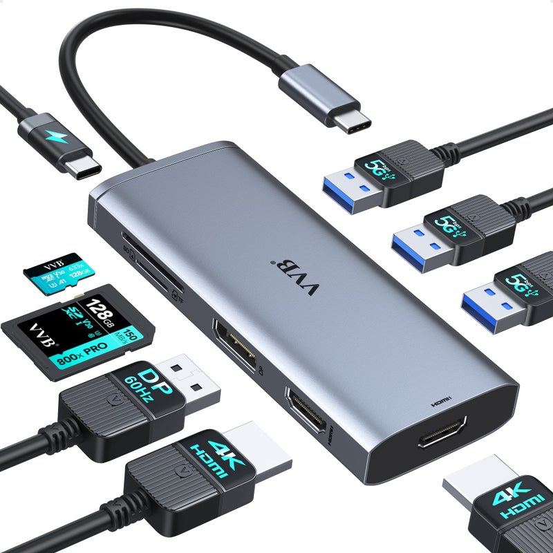 VVB Docking Station VVB USB C Adapter,9 in 1 Triple Display USB C Hub Multiport Adapter Dongle with 2 HDMI 4K+DisplayPort+3 USB+100W PD+SD/TF Card Reader for Dell/HP/Lenovo Laptop Type C Laptops - Image 1