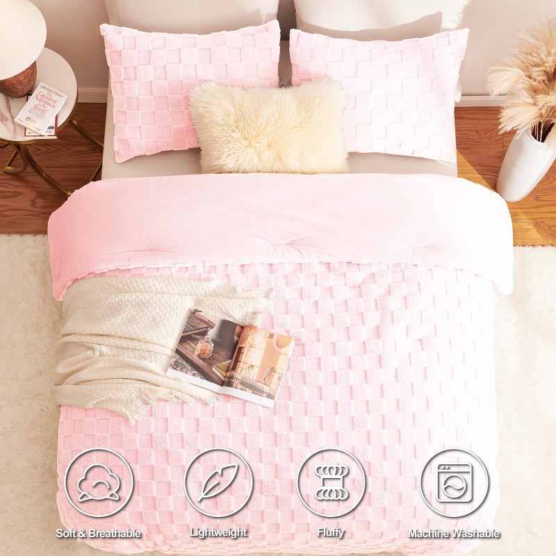 CozyLux Fleece King Comforter Set Blush Pink,Super Soft & Warm Fluffy Bedding with Checkered Pattern,Luxury Fuzzy Heavy Bed Set for Winter,3 Pieces,1 Comforter and 2 Pillowcases - Image 2