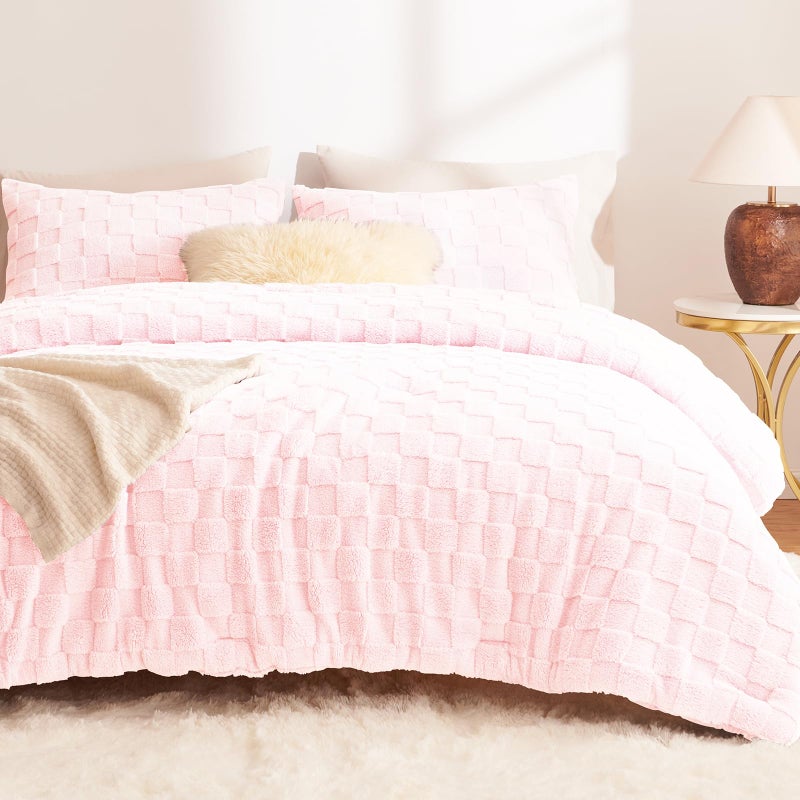 CozyLux Fleece King Comforter Set Blush Pink,Super Soft & Warm Fluffy Bedding with Checkered Pattern,Luxury Fuzzy Heavy Bed Set for Winter,3 Pieces,1 Comforter and 2 Pillowcases - Image 1