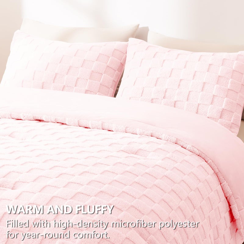 CozyLux Fleece King Comforter Set Blush Pink,Super Soft & Warm Fluffy Bedding with Checkered Pattern,Luxury Fuzzy Heavy Bed Set for Winter,3 Pieces,1 Comforter and 2 Pillowcases - Image 5