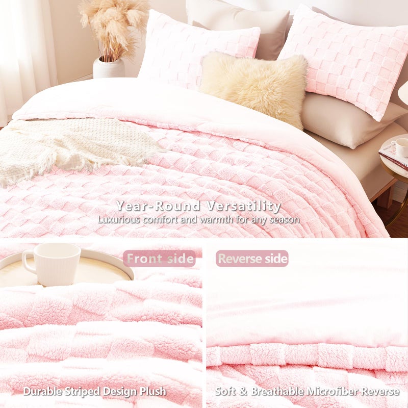 CozyLux Fleece King Comforter Set Blush Pink,Super Soft & Warm Fluffy Bedding with Checkered Pattern,Luxury Fuzzy Heavy Bed Set for Winter,3 Pieces,1 Comforter and 2 Pillowcases - Image 4
