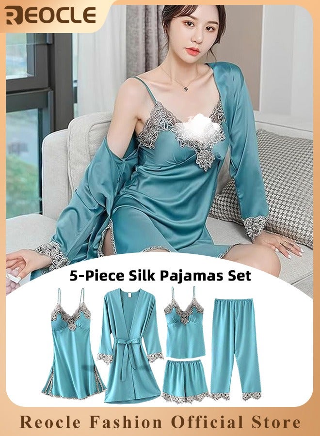 REOCLE Women's Pajama Sets 5 PCS Silk Pajamas Comfortable Skin-friendly Sleepwear Loungewear Satin Pajamas Sets for Women - Image 1