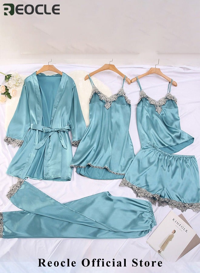 REOCLE Women's Pajama Sets 5 PCS Silk Pajamas Comfortable Skin-friendly Sleepwear Loungewear Satin Pajamas Sets for Women - Image 5