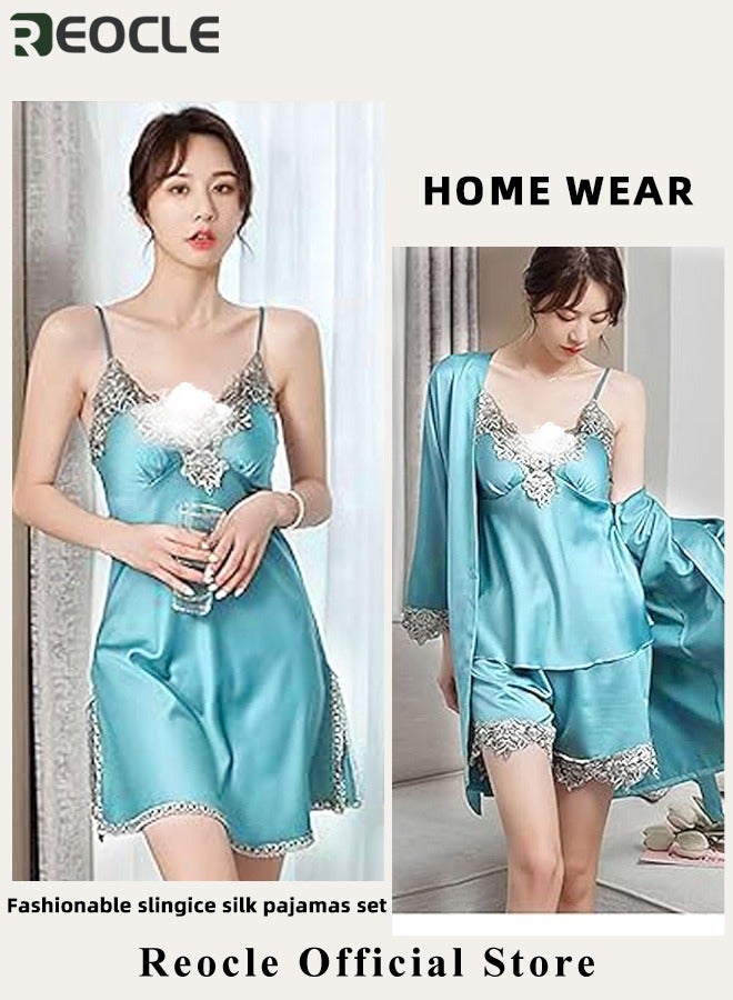 REOCLE Women's Pajama Sets 5 PCS Silk Pajamas Comfortable Skin-friendly Sleepwear Loungewear Satin Pajamas Sets for Women - Image 3