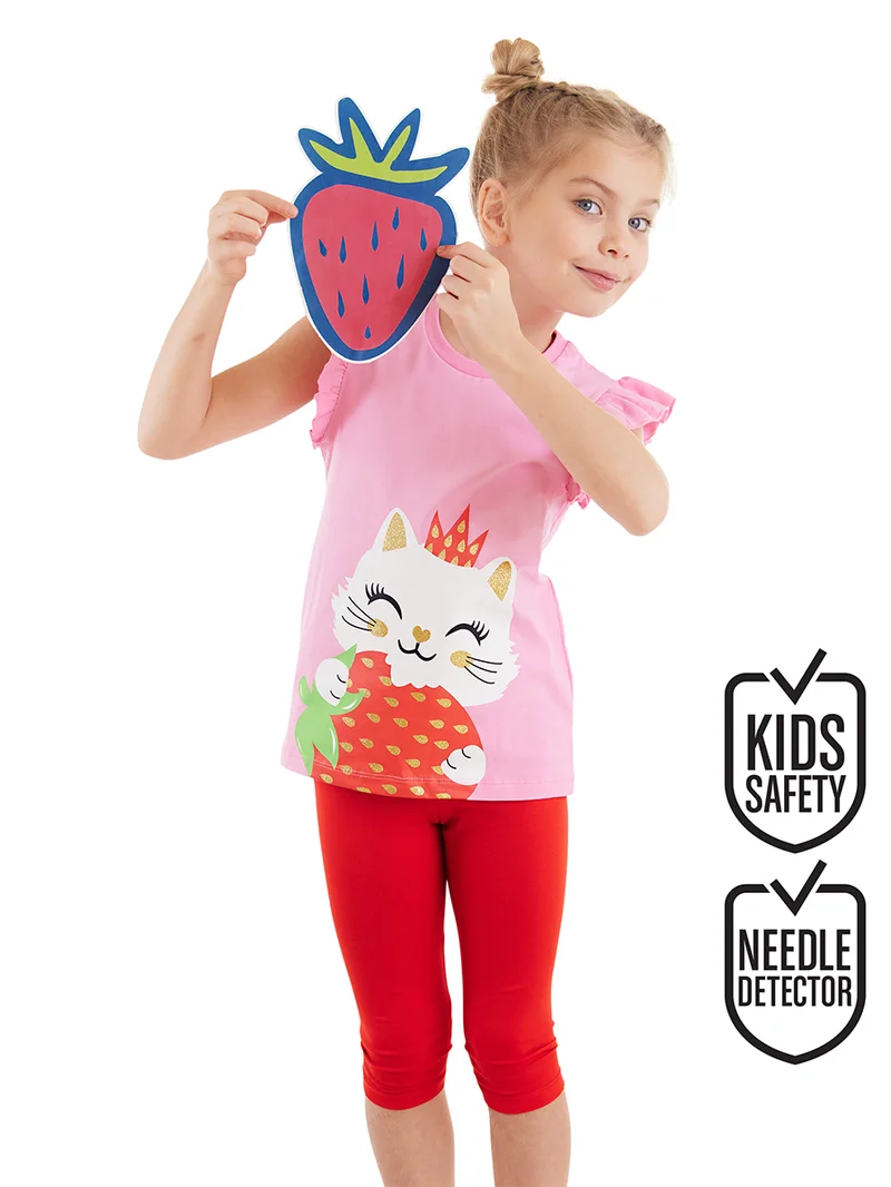 دينوكيدس طقم تي شيرت وبنطلون ليجنز بناتي بتصميم قطة وفراولة