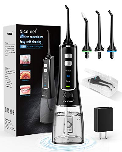Nicefeel Cordless and Rechargeable Water Flosser 300ML Water Tank Oral Irrigator 4 Jet Tips 3 Pressure Modes IPX7 Waterproof and Travel Friendly for Dental Care - Image 1