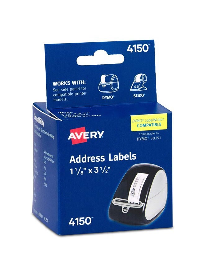 AVERY Avery Direct Thermal Address Labels, 1-1/8" x 3-1/2", White, Comparable to DYMO 30251, 130 Blank Labels per Roll, 2 Rolls of Labels, 260 Printable Labels Total (4150) - Image 1