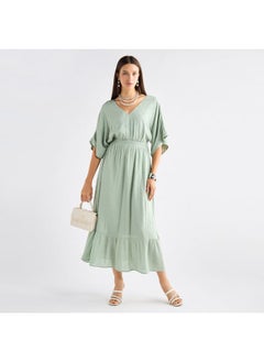 FAV Textured V-neck Dress with Extended Sleeves and Flounce Hem  - Image 1