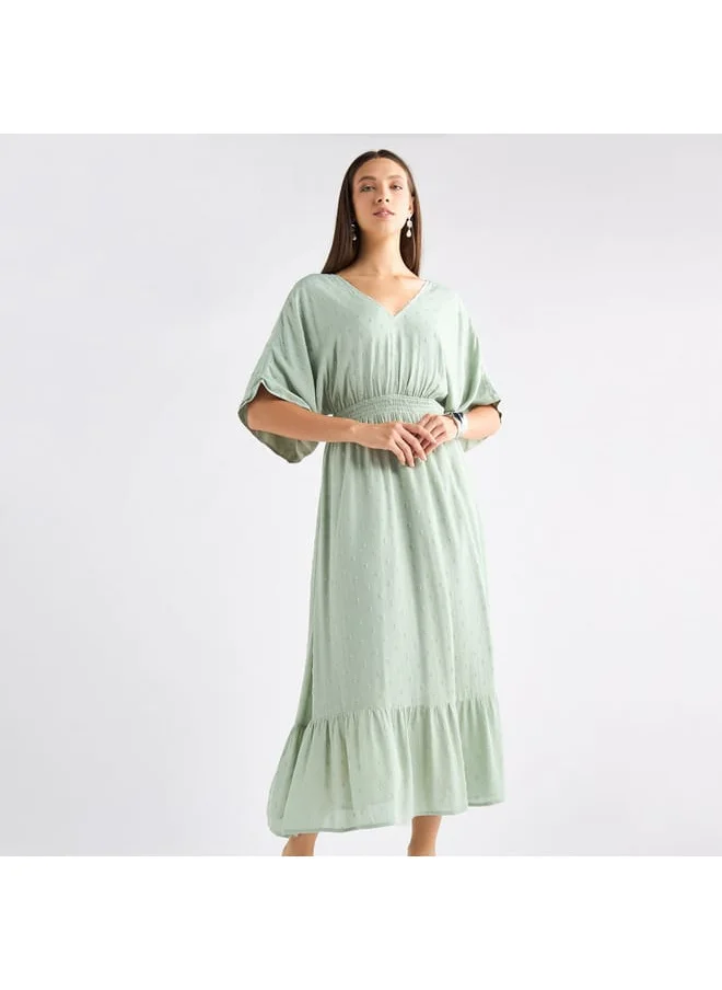 FAV Textured V-neck Dress with Extended Sleeves and Flounce Hem