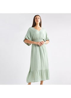 FAV Textured V-neck Dress with Extended Sleeves and Flounce Hem  - Image 2