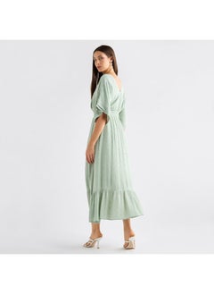 FAV Textured V-neck Dress with Extended Sleeves and Flounce Hem  - Image 3