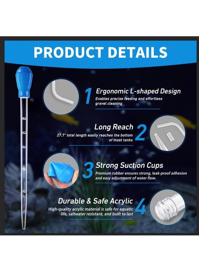 Depeew Aquarium Coral Fish Feeder, 27.7IN Extra Long Turkey Baster for Aquarium Siphon for Fish Tank Water Changer, Aquarium Cleaning Tools (50ml, Blue) - Image 3