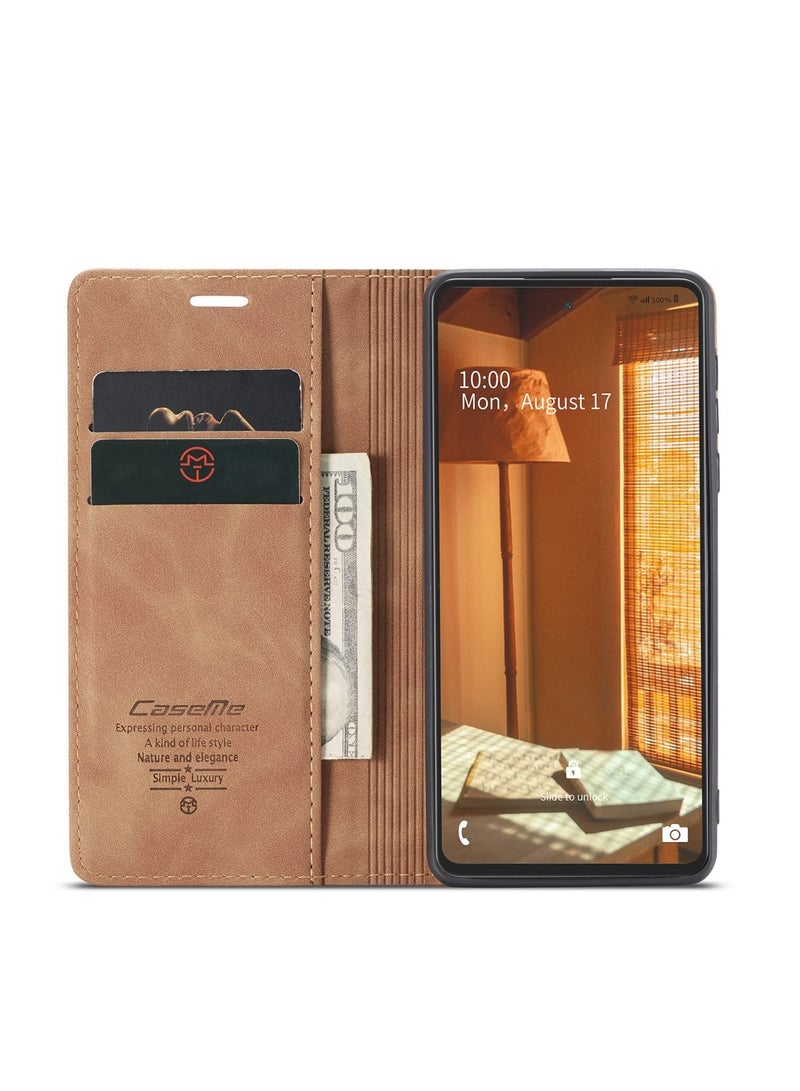CaseMe Phone Case Luxury PU Leather Design 013 Flip Cover Card Slot Holder Cover For Samsung Galaxy A73 (Brown) - Image 2