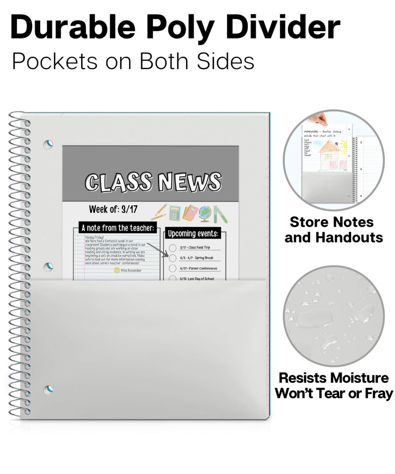 Dunwell 1 Subject Spiral Notebook, Blue Plastic Cover, 100 Sheets (200 Pages) 8x10.5 Paper, Wide Ruled Composition Notebooks with Poly Pocket Dividers, 3-Hole Punch Perforated Pages - Image 5
