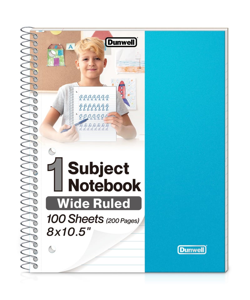Dunwell 1 Subject Spiral Notebook, Blue Plastic Cover, 100 Sheets (200 Pages) 8x10.5 Paper, Wide Ruled Composition Notebooks with Poly Pocket Dividers, 3-Hole Punch Perforated Pages - Image 1