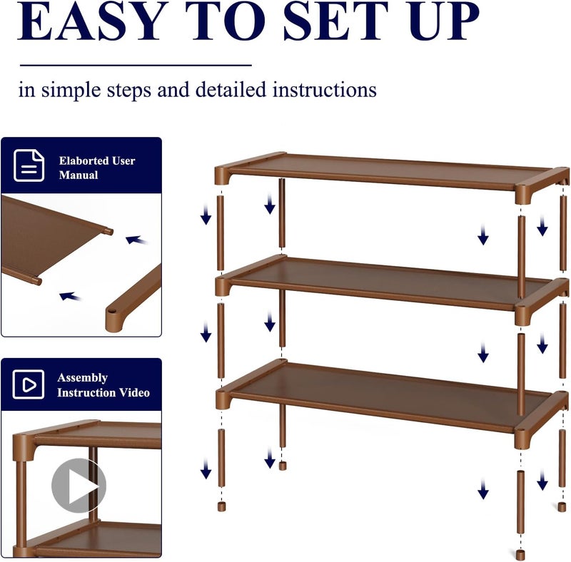 Kitsure Shoe Rack - Non-Woven Shoe Rack Shelf, Shoe Organizer for Closet, Entryway, Garage & Corridor, Stackable Shoe Shelves, 27.5" Wide - 3 Tier, Brown - Image 4
