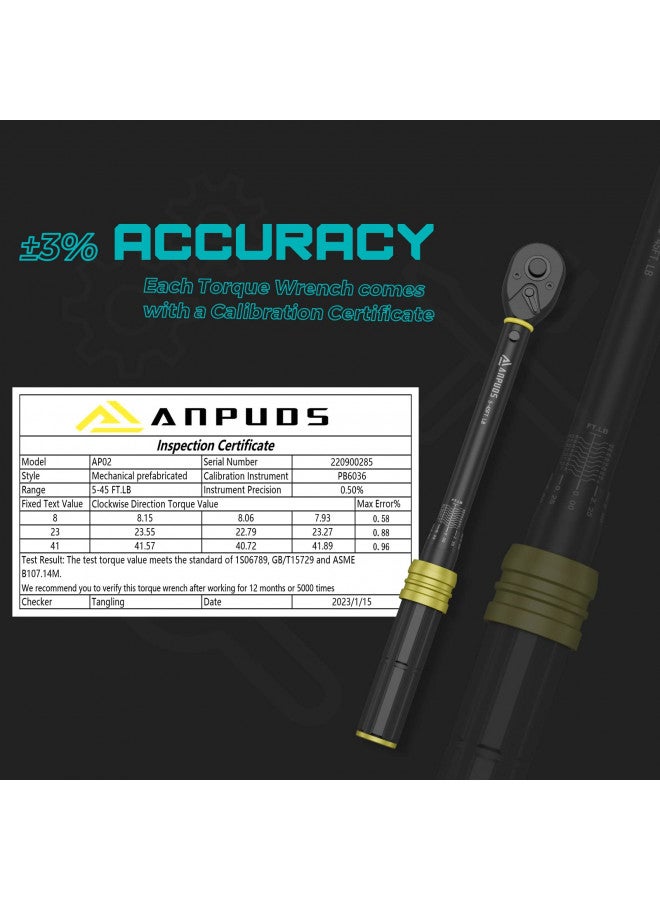 ANPUDS 3/8-Inch Drive Click Torque Wrench, 5-45 Ft-Lb/6.8-61 Nm, Dual-Direction Torque Wrench, Lightweight Aluminum 72-Tooth Dual Range Scales Torque Wrench for Bike, Motorcycle, Car Spark - Image 2