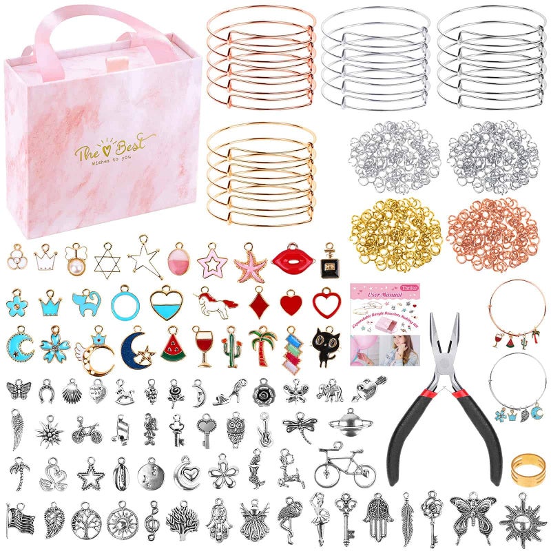 Thrilez 300Pcs Charm Bangle Bracelets Making Kit with Expandable Bangles Charms Jump Rings and Pliers for Jewelry Making Bangle Bracelets with Gift Box and Tools